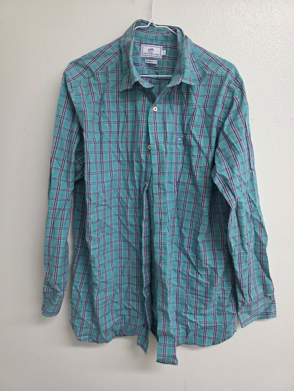 Southern Tide Teal and Navy Plaid Long-Sleeve Button-Down Shirt (0610)